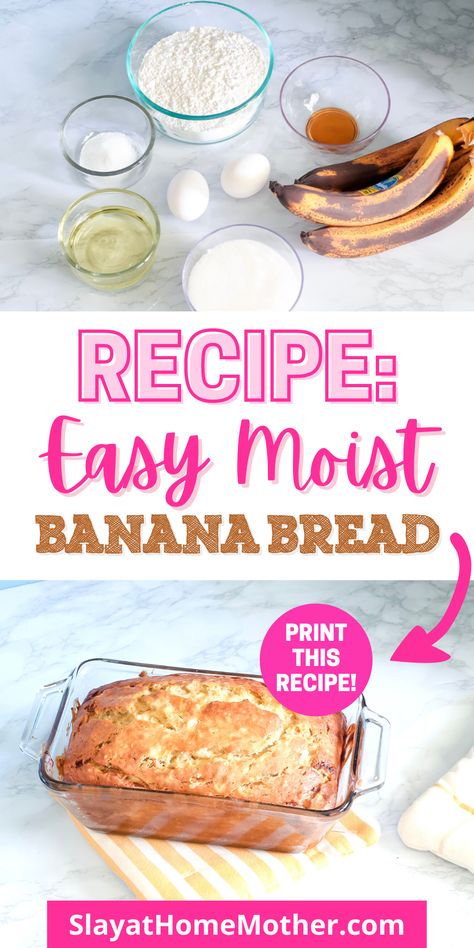 This easy butter-free moist banana bread is super simply to make, and oh so delicious! #slayathomemother #bananabread #breadrecipes #homemadebreads #easyrecipes Secret Ingredient Super Moist Banana Bread, Small Banana Bread Recipe Easy, Butter Free Banana Bread, Banana Bread With No Butter, Banana Bread Recipe No Baking Powder, Easy Banana Bread Recipe Simple, Easiest Banana Bread, Banana Bread Without Baking Powder, Banana Bread With Oil Instead Of Butter