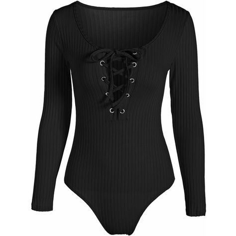 Long Sleeve Lace Up Ribbed Bodysuit ($16) ❤ liked on Polyvore featuring intimates, shapewear and bodysuit Casual Compressive Bodysuit, Outfits With Long Sleeve, Goth Bodysuit, Black Fitted Punk Bodysuit, Victoria's Secret One-piece Summer Bodysuit, Summer Bodysuits, Cute Bodysuits, Black Bodysuit Longsleeve, Lace Up Top