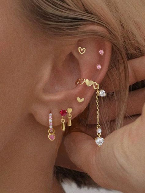 Jewelry For Women Cute Gold Piercings, Ear Piercings Pretty, Piercing Stack Gold, Cute Gold Earring Stacks, Loads Of Ear Piercings, Pink Ear Stack, Gold Piercing Jewelry, Cute Earing Stacks, Big Ear Piercings