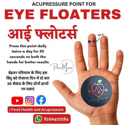 Acupressure point for eye floaters . . . #acupressure #sujok #sujoktherapy #byolmeridian #tcm #health #acupressurepoints #acupressuretherapy #acupunture #healings Healing Reflexology, Yoga Mudras, Color Therapy Healing, Acupressure Point, Pressure Point Therapy, Eye Floaters, Quick Yoga, Therapy Healing, Acupressure Therapy