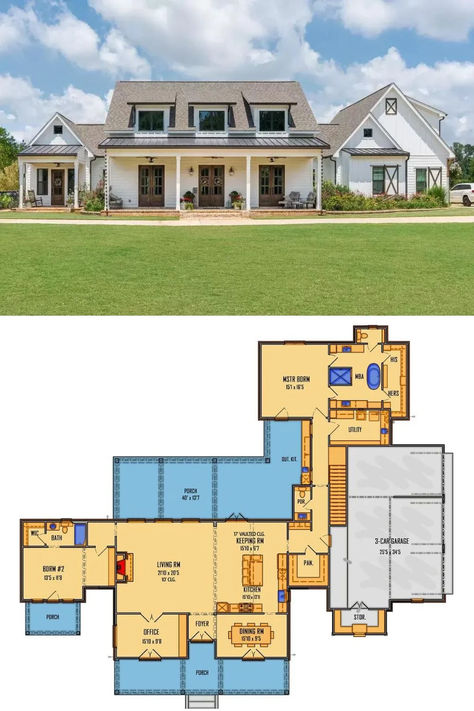 4-Bedroom Farmhouse with 3-Car Side-Loading Garage and Jack & Jill Bathroom (Floor Plan) Jack Jill Bathroom, Bathroom Floor Plan, Pool Shed, Floor Plan Creator, Clapboard Siding, Porch House Plans, Bathroom Floor Plans, Mansion Floor Plan, Home Design Software