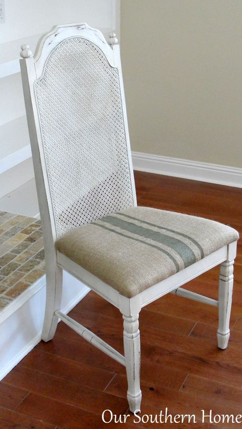 $5 thrift store chair makeover with painted burlap fabric by Our Southern Home Rye Grass, Burlap Chair, Dining Chairs Diy, Cane Chairs, Wingback Dining Chair, Chair Redo, French Dining Chairs, Toddler Table And Chairs, Boho Chair