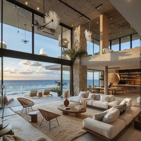 29 Chic Living Room Ideas Harmonizing Rustic and Modern Aesthetics Modern Rustic Beach House, Modern Beachfront House, Big Living Room Ideas, Modern Beach Bedroom, Living Room With A View, Palace Room, Chic Living Room Ideas, Living Room Big, Open Living Room Design