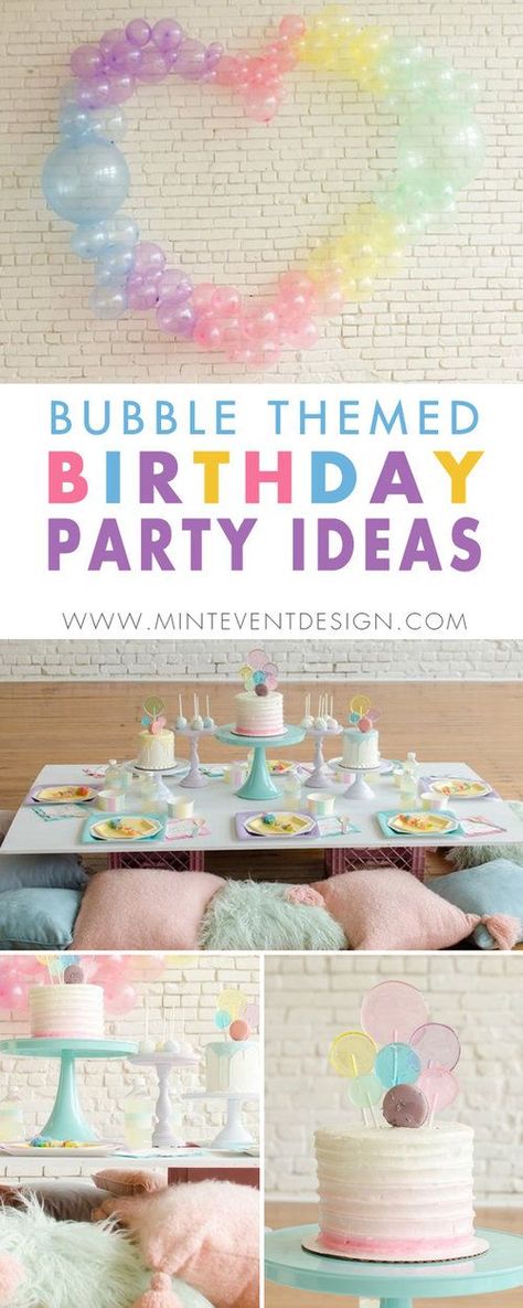 It’s a Bubble Bash. Click to see how to plan your very own Bubble themed Birthday Party - party planning by Mint Event Design in Austin Texas www.minteventdesign.com. Lots of pretty pastel party ideas with lollipops and balloons. #girlbirthdayparty #partyideas #partyinspiration #bubbles #partythemes #birthdaypartyideas Bubbles Party Ideas, Bubbles And Balloons Party, Bubble Party Food Ideas, Bubble Party Ideas, Bubble Party Decorations, Bubble Birthday Theme, Bubbles Party, Two Bubbly Birthday, Bubbles Party Theme