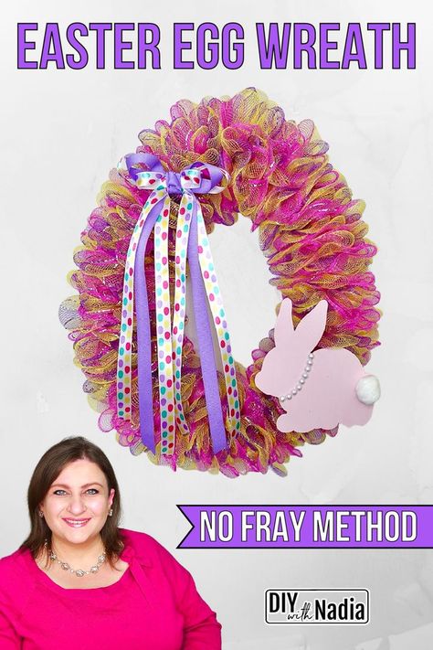 Diy Egg Wreath, Wire Bunny Wreath Form Ideas, Wire Egg Wreath, Dollar Tree Egg Wreath Form Diy, Nadia Method Wreath, Easter Egg Wire Wreath Diy, Diy Easter Wreaths For Front Door, Spring Wreath Ideas Diy Deco Mesh, Egg Wreath Diy Dollar Tree