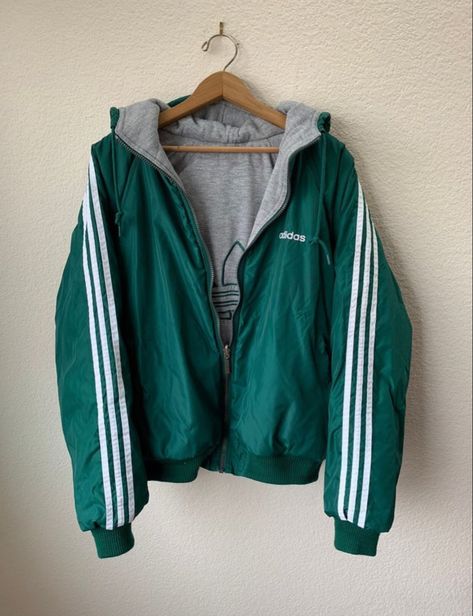 90s Green & White Winter Puff Sweatshirt Lined Jacket Adidas Coat, Vintage Jacket Outfit, Spring Outfits For School, Vintage Outfits 90s, White Windbreaker, Streetwear Jackets, 90s Adidas, Adidas Zip Up, Outfit 90s