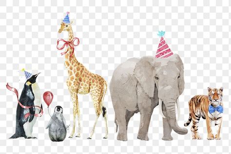 Party Animal Drawing, Party Animals Illustration, Animal Party Hats, Animal Party Invitations, Animal Party Decorations, Animal Themed Birthday Party, Watercolor Party, Animal Party Theme, Jungle Thema