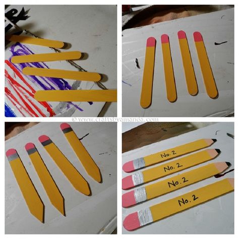 Craft Stick Pencil Bookmarks steps - CraftsbyAmanda.com Abatelenguas Ideas, Popsicle Bookmarks, Pencil Crafts, Craft Work For Kids, Popsicle Crafts, Teacher Craft, Marker Storage, Bookmark Craft, Back To School Crafts