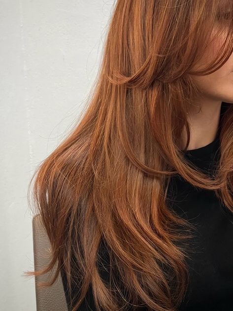 Copper And Gold Hair, Bright Copper Hair With Highlights, Ginger Bob With Bangs, Ginger Long Bob, Bronze Copper Hair, Brunette Ginger Hair, Dark Ginger Hair Color, Ginger Brunette Hair, Blonde Copper Hair