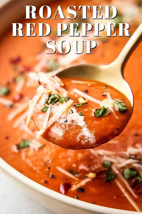 With a blend of creamy, smoky, and vibrant flavors, this Roasted Red Pepper Soup is the ideal way to warm yourself up on a chilly fall day! It’s healthy and filling and so easy to make right in your own kitchen. Serve your soup with your favorite garnishes like croutons, cream, and Parmesan to customize to your liking. This is a quick, easy, and delicious dinner the whole family will love! #redpeppersoup #roastedredpeppersoup #redpepperrecipes #peppersoup #dizzybusyandhungry Red Soup Recipe, Red Bell Pepper Recipes, Roasted Pepper Soup, Bisque Soup Recipes, Fresh Tomato Soup, Parmesan Soup, Roasted Red Pepper Soup, Red Pepper Soup, Bisque Recipe