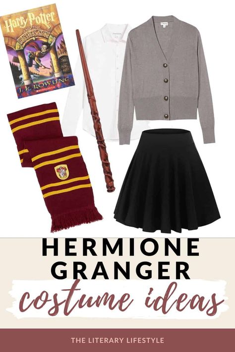 Hermione Diy Costume, Griffendor Diy Costume, Modern Hermione Granger Outfit, Hermione Costume Women, Hermoine Granger Outfits Style, Gryffindor Costume Women, Harry Potter Costume For Women, Diy Hermione Granger Costume, Hermoine Granger Costume