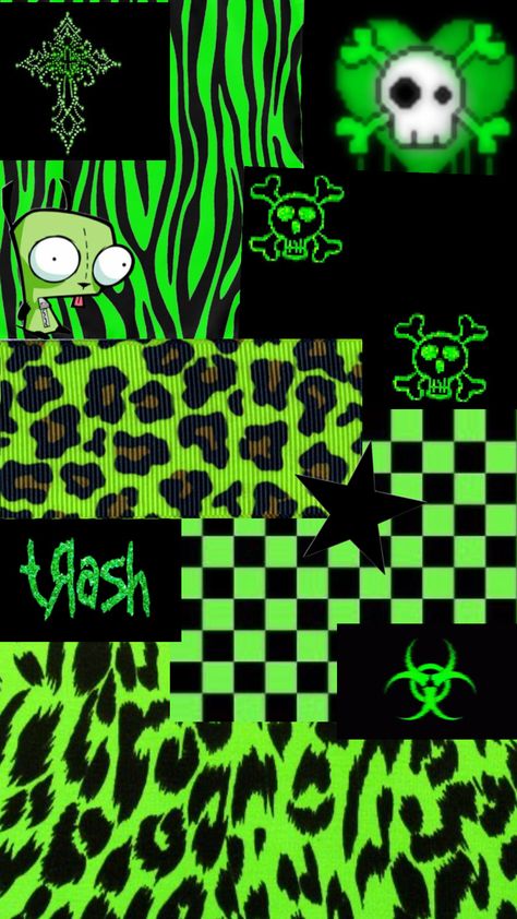 #green #y2k #emo #scene #zebraprint #skulls #cheetahprint Scene Wallpaper Iphone, Scene Emo Wallpaper, Scene Core Wallpaper, Black Scene, Fnaf Crafts, Y2k Scene, Emo Pictures, Green Y2k, Scene Wallpaper