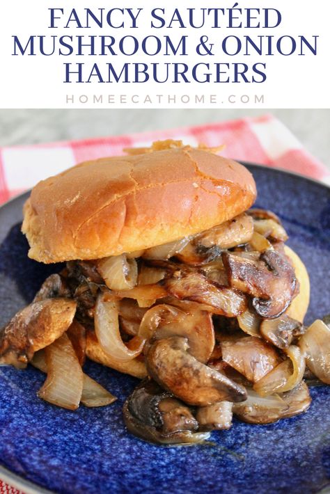 Fancy Sautéed Mushroom and Onion Hamburgers Mushroom Burgers Beef, Onion Hamburgers, Gameday Food, Bunless Burger, Cheddar Burger, Homemade Burger, Mushrooms And Onions, Sliced Avocado, Onion Burger