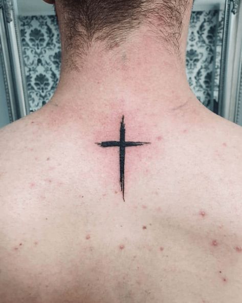 Small Cross Tattoo For Men, Cross On Back Tattoo, Back Cross Tattoos, Cool Cross Tattoos, Cross Shoulder Tattoos, Cross With Wings Tattoo, Cross Tattoo Meaning, Cruces Tattoo, Cross Tattoo Ideas