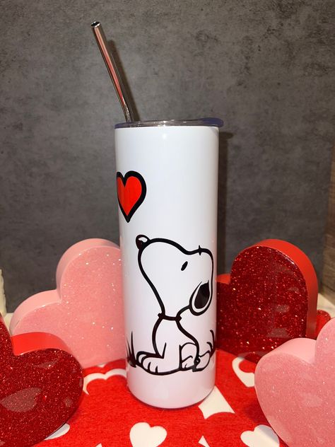 How cute is Snoopy? This would be a great Valentines Day present for your favorite person! This tumbler is 20 ounces.  PLEASE READ While I like to be near perfect on my products, I do have happy accidents. This Snoopy tumbler has a black spot on the heart.  Price is cheaper due to black spot.  **Free Shipping** Snoopy Tumbler, Happy Accidents, Valentines Day Presents, Tempe Az, Snoopy Love, Cricut Projects Vinyl, Black Spot, Favorite Person, Cricut Projects