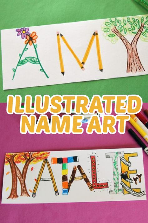 Name Craft Elementary, Name Art Elementary School, Name Art Primary, Illustrated Name Art, Language Arts Art Projects, Year 5 Art Lessons, Student Name Art, Name Designs Letters Art Projects, Elementary Name Art Project