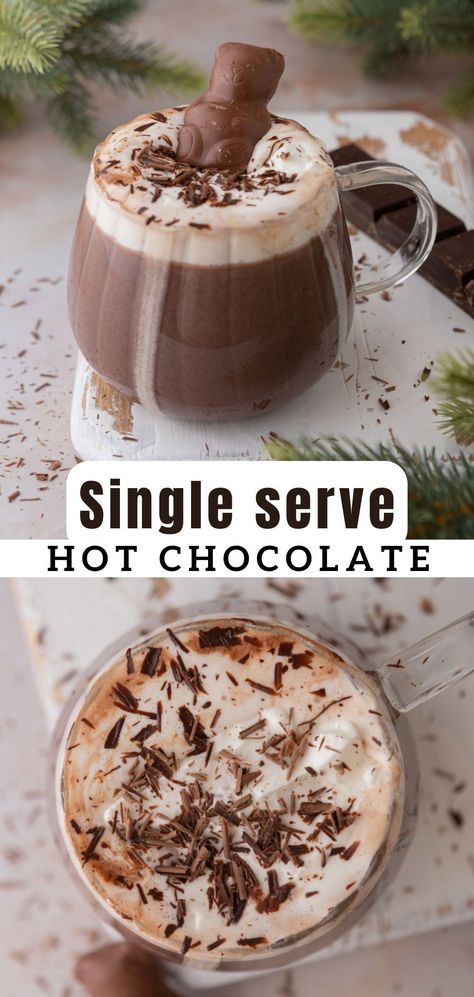 This hot chocolate for one recipe or single serve hot cocoa is all you need to enjoy a relaxing solo night in the middle of the winter. It’s sweet, creamy and so chocolatey, you will absolutely love it! Follow along with this easy hot chocolate recipe to find out how to make it! Hot Cocoa Recipe Single Serving, Homemade Hot Chocolate Single Serving, Hot Chocolate With Real Chocolate, Hot Chocolate Recipes Single Serving, Hot Chocolate Single Serving, One Cup Hot Chocolate, Small Batch Hot Chocolate, Single Serve Hot Chocolate Recipes, Stove Hot Chocolate