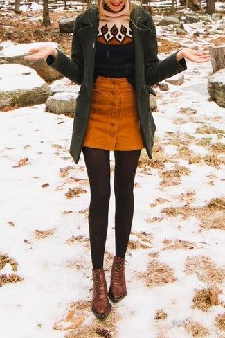 Brown Ankle Boots Outfit, Lace Up Boot Outfit, Orange Skirt Outfit, Brown Lace Boots, Corduroy Skirt Outfit, Olive Coat, Brown Boots Outfit, Dressy Winter, Winter Boots Outfits