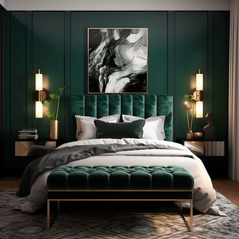 Monochromatic, emerald green, primary bedroom, modern luxury, luxury living, luxury bedroom, gold and green, emerald tones, rich lifestyle, rich palette, monochrome palette Dark Teal Bedroom Ideas, Dark Teal Bedroom, Emerald Green Bedrooms, Green Bedroom Design, Green Bedroom Decor, Teal Bedroom, Cama King Size, Lit King Size, Art Deco Bedroom