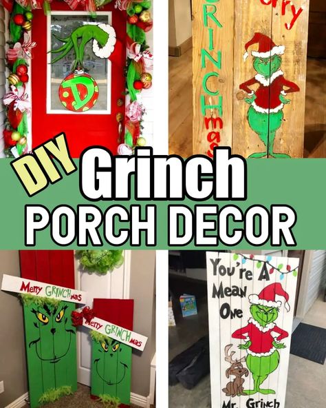 Grinch Christmas Decorations-DIY Decor, Trees, Wreath Ideas & More For 2023 Metal Yard Art Grinch, Pallet Grinch Signs, Grinch Hanging From Wreath, Grinch Theme Office Decorations, Diy Wooden Grinch, Wood Grinch Christmas Decorations, Grinch Pallet Tree, Christmas Grinch Party Decorations, Grinch Outdoor Christmas Decorations Ideas