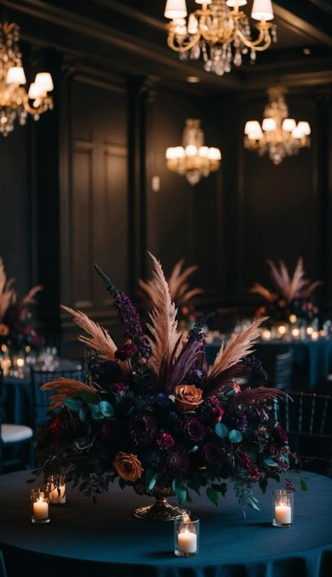 18 Dark Fairytale Wedding Ideas - WithLoveLive Dark Wedding Aesthetic Outside, Dark Fairytale Wedding Table Decor, Dark Wedding Reception Aesthetic, Fantasy Wedding Decorations, Fantasy Theme Wedding, Wedding Ideas Gothic, Dark Earthy Wedding, Gothic Centerpieces Wedding, Dark Fairytale Wedding Theme