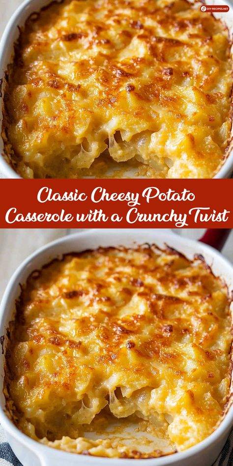 Try this classic cheesy potato casserole with a crunchy twist! Made with sharp cheddar and topped with crispy potato chips, it's a crowd-pleasing dish that's easy to make. Cheesy Potatoes With Potato Chips, Cheesy Yellow Potatoes, Cheesy Baked Potato Casserole, Baked Cheesey Potatoes, Ideas For Potatoes Easy Recipes, Best Cheesy Potato Casserole, Potato Chip Casserole Recipes, Brunch Potatoes Casserole, Ore Ida Diced Potato Recipes