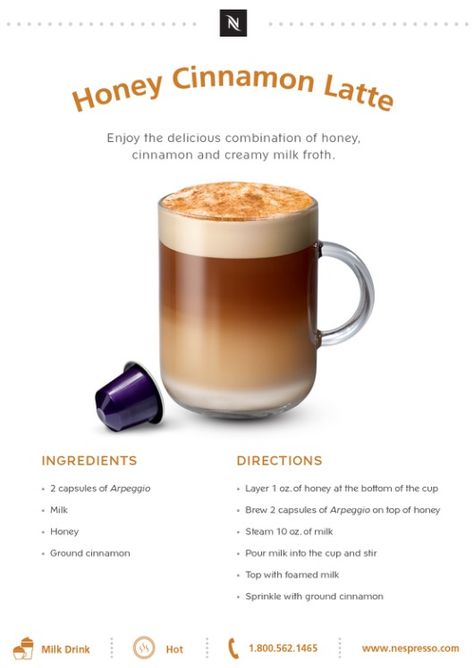 Honey Cinnamon Latte, Cinnamon Latte, Nespresso Recipes, Espresso Recipes, Tea Drink Recipes, Honey Cinnamon, Homemade Coffee, Espresso Drinks, Education Tattoos