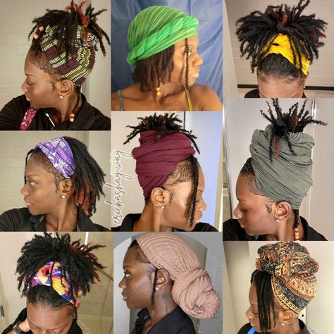 Head Wrap Hairstyles With Locs, Loc Style With Scarf, Dreadlock Hairstyles With Scarf, Scarf On Short Locs, Head Wrap On Short Locs, Short Locs Scarf Styles, Loc Styles With Accessories, Loc Hair Wrap Styles, Scarf Hairstyles For Locs