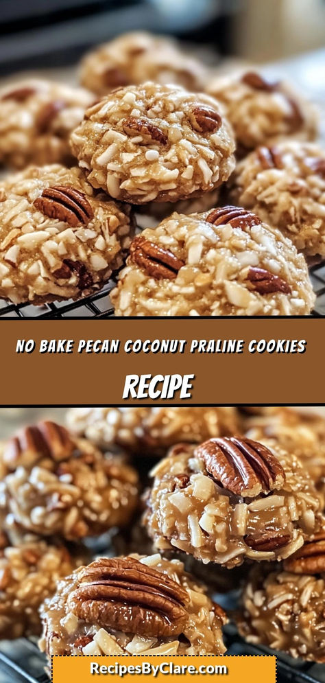 These Easy No Bake Pecan Coconut Praline Cookies are the perfect sweet treat! With a rich praline flavor, crunchy pecans, and coconut, they’re quick and simple to make without turning on the oven. 🍪🥥  Ingredients:  1 cup evaporated milk 1/4 cup butter 1 tsp vanilla extract Drop them onto parchment paper and let them cool—ready in no time! No Bake Pecan Praline Coconut Cookies, No Bake Coconut Pecan Praline Cookies Recipe, No Bake Drop Cookies, No Bake Pecan Coconut Praline Cookies, Coconut Praline Cookies, Praline Cookies Recipe, No Bake Coconut Cookies, Praline Cookies, Praline Pecans