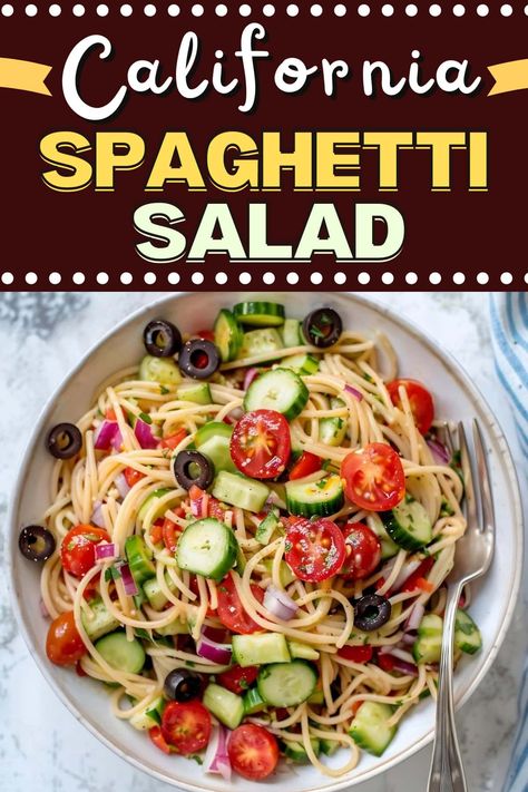 This California spaghetti salad is a fun twist on a classic! With long spaghetti noodles, colorful vegetables, and a cheesy vinaigrette, everyone will love it. Salads With Spaghetti, Spaghetti Summer Salad, Spaghetti Noodle Salad, Spaghetti Pasta Salad Recipes, Pasta Salad With Spaghetti Noodles, Spagetti Salad Recipes, California Pasta Salad, California Spaghetti Salad Recipe, Camper Meals