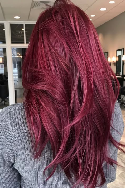 Pinkish Red Hair Color, Dark Red Pink Hair, Bright Red Hair Color Ideas, Deep Pink Hair, Cherry Pink Hair, Strawberry Pink Hair, Mauve Hair Color, Summer Red Hair, Red And Pink Hair