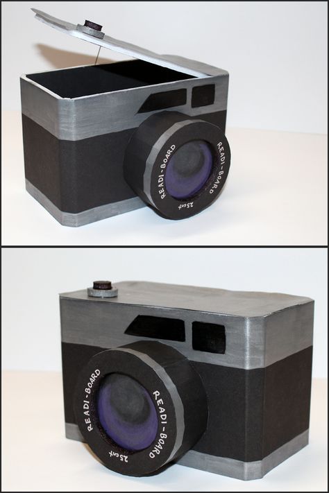 Camera Made Out Of Cardboard, Camera Box Gift, Camera Photo Box Diy, Camera Gift Box Diy, Camera Valentines Day Boxes, Camera Box Template, Cardboard Camera Diy, Diy Camera Craft, Camera Box Diy