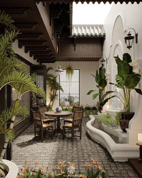 Village House Design Interiors, Courtyard Home Design, Courtyard House Exterior, House Courtyard Design, Spanish Courtyard House, Indian Spa, Courtyard House Design, House With Courtyard, Home Courtyard