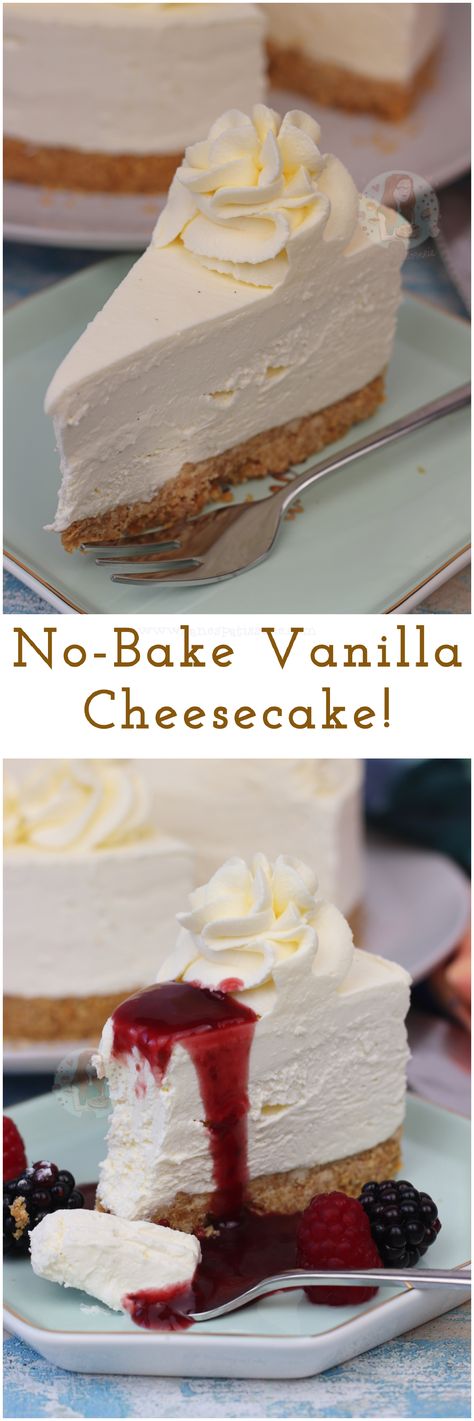 No-Bake Vanilla Cheesecake!! A Buttery Biscuit Base, Creamy No-Bake Vanilla Cheesecake Filling, and Whipped Cream on top! Creamy Cheesecake Recipes No Bake, Cheesecake With Pudding No Bake, Vanilla No Bake Cheesecake, Vanilla Pudding Cheesecake No Bake, Vanilla Cheesecake Recipes No Bake, No Bake Cheesecake With Pudding, Whipped Cheesecake No Bake, No Bake Cheesecake Pudding, Vanilla Pudding Cheesecake