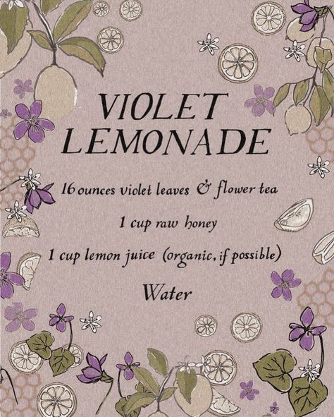 Witch Drink Recipes, Witchy Tea Recipes, Witch Tea Recipes, Cooking Witchcraft, Kitchen Witchcraft Recipes, Herbology Aesthetic, Cottagecore Table, Violet Lemonade, Witch Recipes