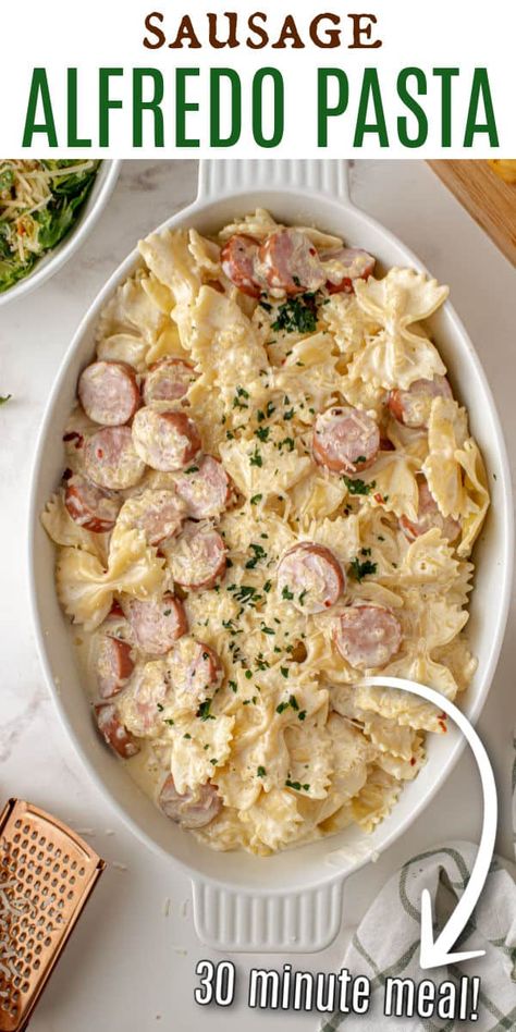 Alfredo Kielbasa Pasta, Alfredo And Sausage Pasta, Easy Alfredo Dinner Recipes, Bow Tie Noodles And Sausage, Easy Sausage Alfredo Pasta, Sausage Pasta White Sauce, Cheap Dinner Meals For Two, Turkey Sausage Alfredo Pasta, Dinner Ideas Easy Sausage