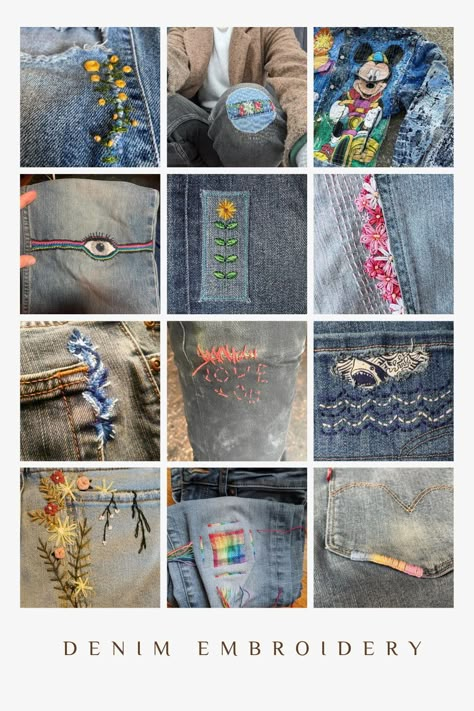 It’s time for you to revamp your denim game and patch your jeans using embroidery. Embrace visible mending and give your favorite jeans a new lease of life! Patch Jeans Embroidery, Embroidery Over Rips, Jean Rip Repair Embroidery, Repairing Jeans With Embroidery, Jean Mending Embroidery, Embroidering On Jeans, Visible Mending Jeans Inner Thigh, Fix Ripped Jeans Embroidery, Altered Jeans Diy