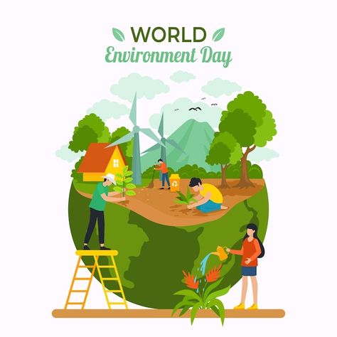 Flat world environment day illustration | Premium Vector #Freepik #vector #nature-day #international-day #environment-day #environmental-protection World Environment Day Posters, Science Project Models, Earth Day Drawing, Earth Poster, Flat World, Save Environment, Join Hands, World Days, World Environment Day