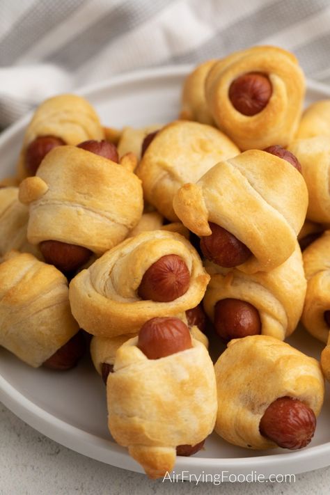 Air Fryer Pigs in a Blanket - Air Frying Foodie Little Smokies Crescent Rolls, Pig Shots, Air Fry Recipes, Snack Craving, Crescent Roll Dough, Cooking For A Crowd, Pigs In A Blanket, Quick Easy Snacks, Xmas Food