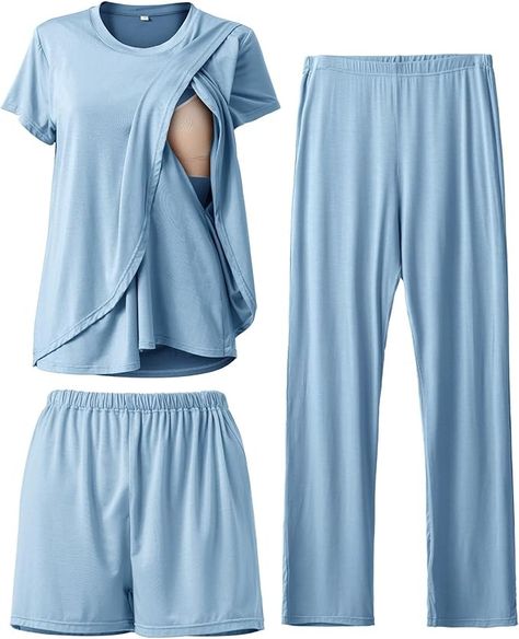 Rnxrbb 3 Piece Postpartum Nursing Pajamas Set Casual Soft Maternity Breastfeeding Pjs Sleepwear Loungewear Clothes Layer at Amazon Women’s Clothing store Postpartum List, Maternity Pjs, Maternity Pajama Set, Nursing Pajama Set, Postpartum Nursing, Night Suit For Women, Nursing Pajamas, Maternity Pajamas, Loungewear Outfits