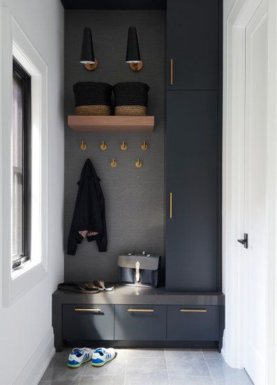 Armoire Mudroom Entryway, Entryway Jacket Storage, Small Entryway Built In Ideas, Entryway Open Concept, Moody Mud Room, Entryway Nook Ideas, Modern Entryway Storage, Contemporary Mudroom, Mud Room Ideas Entryway