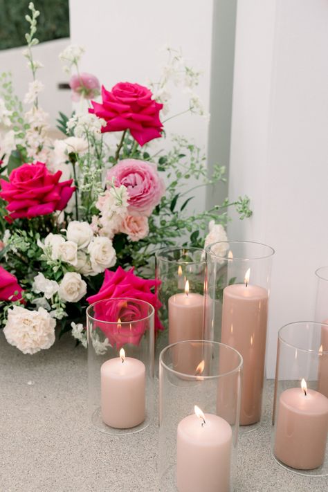 Barbie pink proposal set up with pink flowers and pink pillar candles Photographer: Megan Cary Photography Florals & Design: Florals By Kendra Pink Pillar Candles Wedding, Pink Candles Wedding, Pink Proposal, Pink Pillar Candles, Pillar Candles Wedding, Candles Wedding, Bride Magazine, Wedding Tables, Ceremony Arch