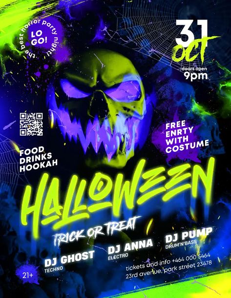 Download the Neon Halloween Party Free Flyer Template for Photoshop! Halloween Club Flyer, Halloween Graphic Design Poster, Halloween Party Flyer Template Free, Halloween Party Poster Design, Halloween Party Flyer Design, Neon Party Poster, Halloween Poster Ideas, Halloween Event Poster, Neon Halloween Party