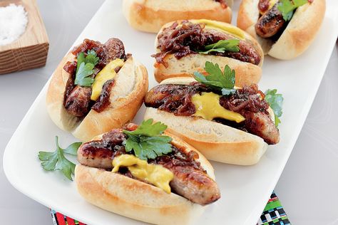 It doesn't matter what sort of sausages you buy for these rolls, pork, beef, chorizo, chipolato as long as they have lots of flavour. Sausage Sizzle, Beef Chorizo, Caramelised Onions, Gourmet Hot Dogs, Aussie Food, Family Meal Planning, Feel Good Food, Kids Party Food, Sausage Rolls