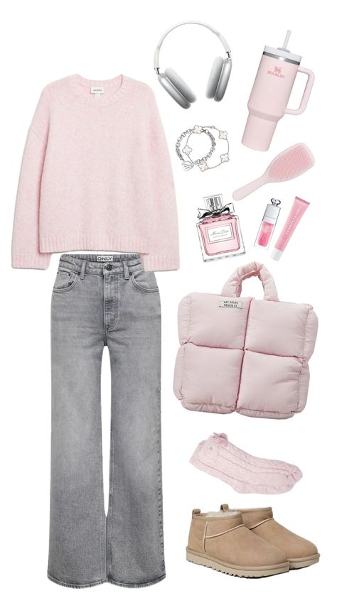 #cleangirl #pink #pinkpilatesprincess #outfit #fitcheck #schooloutfit #thatgirl #thatgirlaesthetic #cleangirlaesthetic #pinkoutfit #uggs #preppy #outfitinspo #silver Preppy Outfits With Uggs, Light Pink Winter Outfits, Uggs Preppy, Pink Sweater Outfits, Pink Uggs Outfit, Winter Fits Aesthetic, Winter Outfits Pink, Pink Winter Outfit, Pink Sweater Outfit