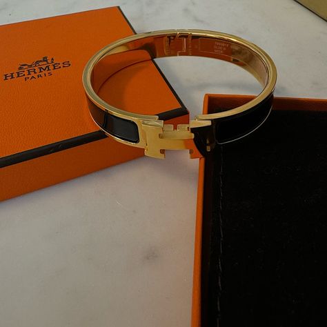 Hermes Clic H Bracelet Size: Gm Black & Gold Prostine Condition!!! Like New!!! !!!!All Original Packaging And Stickers Still In Tact!!!! Includes Box And Dust Bag Hermes Bracelet Black, Hermes Clic H Bracelet, Bracelet Hermes, Hermes Bangle, H Bracelet, Hermes Bracelet, Hermes Jewelry, Tattoo Bracelet, Paris Shopping