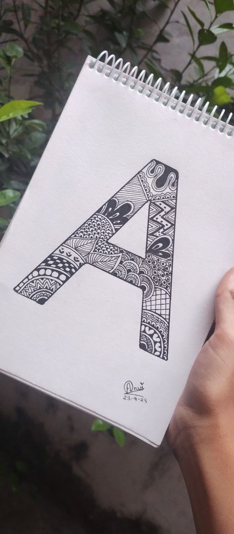 used a black gel pen ✨ A Alphabet Mandala Art, Zentangle Ideas Easy, P Mandala Art, A Letter Mandala Art, Drawing Ideas Easy Mandala, Aesthetic Mandala Art Easy, Easy Doodle Art Simple Aesthetic, Alphabet Mandala Art, Mandala Art Aesthetic