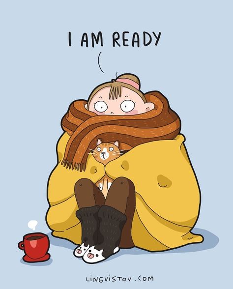 Cat Getting Ready, Bear Socks, Koci Humor, Illustration Doodle, Cat Comics, Cold Morning, Winter Animals, Funny Illustration, Orange Tabby