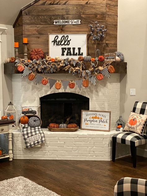 Fall Decor On Fireplace Mantle, Fall Mantle Decor Living Room, Buffalo Plaid Fall Decor Living Room, Buffalo Plaid Halloween Decor, Fall Fire Mantle Decor, Buffalo Plaid Thanksgiving Decor, Fall Decor Around Fireplace, Fall Fireplace Decor Mantles Farmhouse, Fall Mantle Ideas Fire Places