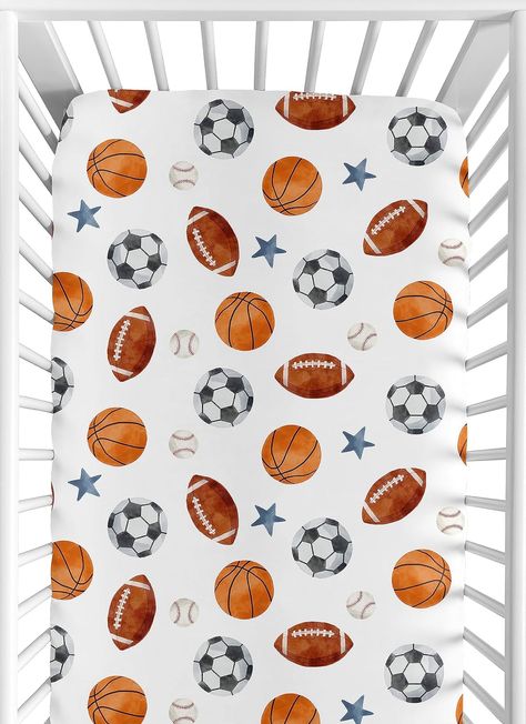 Sweet Jojo Designs Sports Theme Boy Baby Fitted Crib Sheet Infant Newborn Nursery Toddler Bed Room Standard Mattress Watercolor Vintage Sport Themed Soccer Balls Football Baseball Basketball Blue Star Pack N Play Mattress, Mini Crib Bedding, Sports Nursery, Portable Crib, Baby Sheets, Mini Crib Sheets, Newborn Nursery, Crib Toddler Bed, Watercolor Vintage